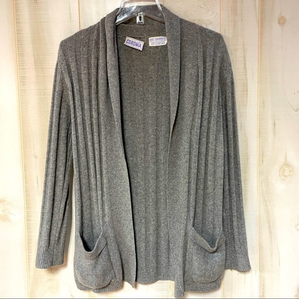 Vintage 100% Cashmere Cardigan Sweater Coronia Gray Sz S Ribbed Pockets - Picture 1 of 4